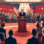 An artistically styled illustration of a crowded press conference room with reporters taking notes as the president stands behind a podium adorned with the national flag, making a significant announcement, surrounded by key advisors and interpreters.