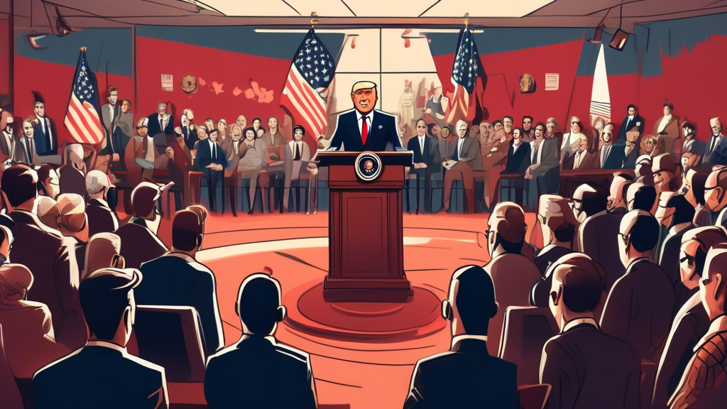 An artistically styled illustration of a crowded press conference room with reporters taking notes as the president stands behind a podium adorned with the national flag, making a significant announcement, surrounded by key advisors and interpreters.